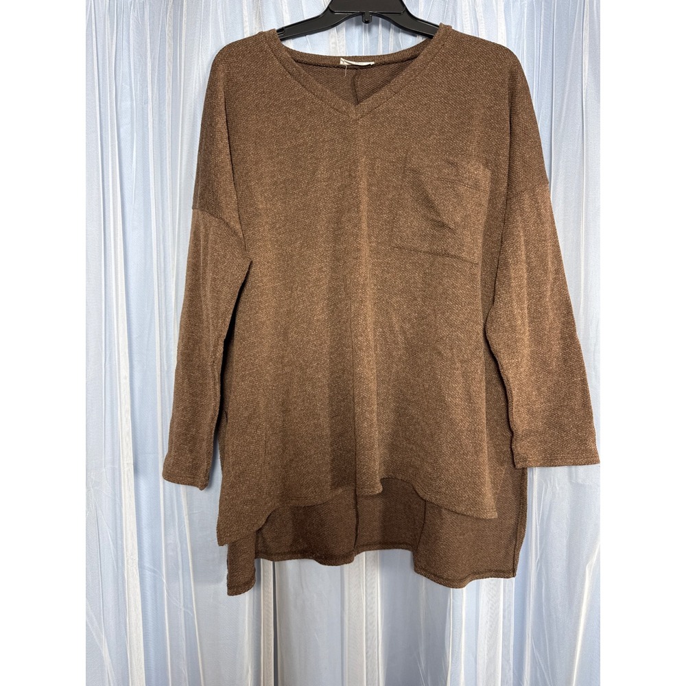 Zenana Top Womens 2X JT-7505X Brown V-Neck Pocket High-Low EUC